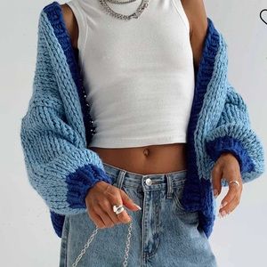 Beautiful light blue with royal blue trim knit cardigan! Brand new! Never worn